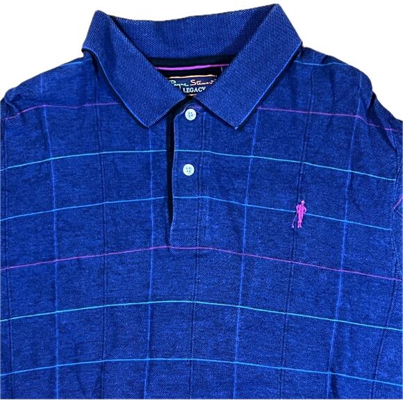 Payne Stewart Legacy Polo Shirt Blue Check Pink Logo Long Sleeve Cotton Mens L - Picture 2 of 10